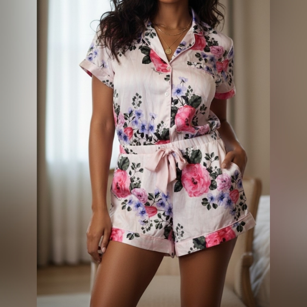 Victoria's Secret Satin Floral Romper In Pink Stripe Short Pajama Pockets Size M